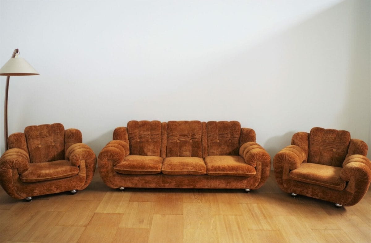 Velvet armchair and sofa 70s set of 3 Online sales of antiques modern art and design NowArc